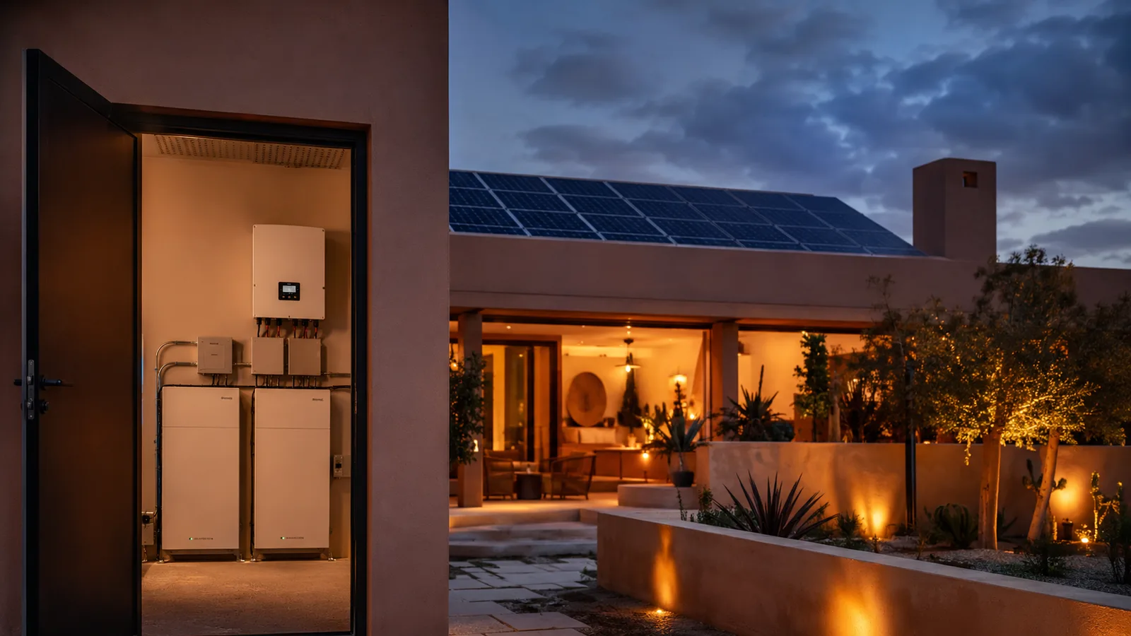 A Moroccan villa at dusk: indoor battery cabinet and hybrid inverter visible through an open utility door, rooftop solar panels glowing in the last daylight, warm interior lighting from the home.