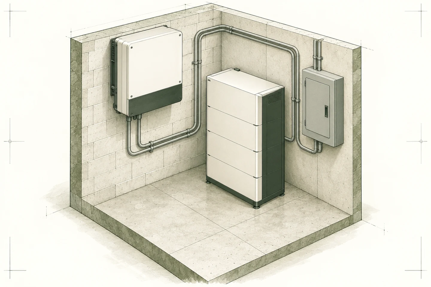Isometric illustration of an inverter, modular battery and distribution panel for selected essential loads.