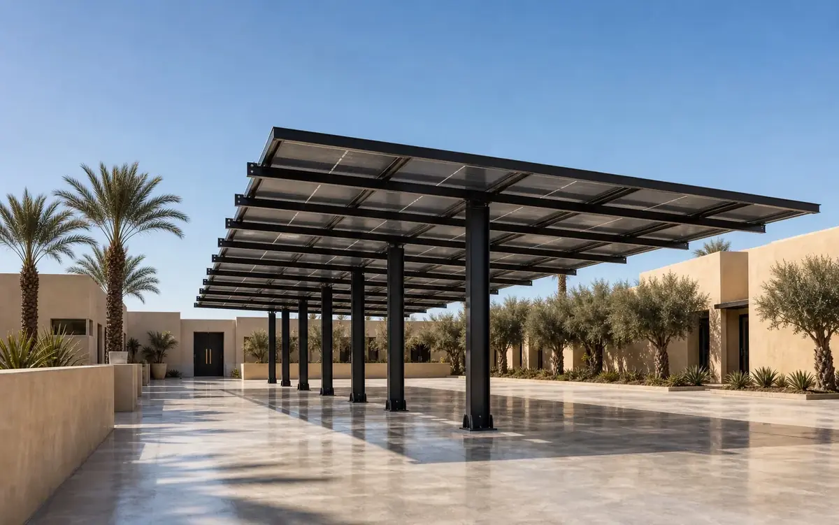 مظلة شمسية ثنائية الوجه مرتفعة فالمغرب، باين الفراغ الخلفي وتحتها سطح فاتح كيعكس الضوء