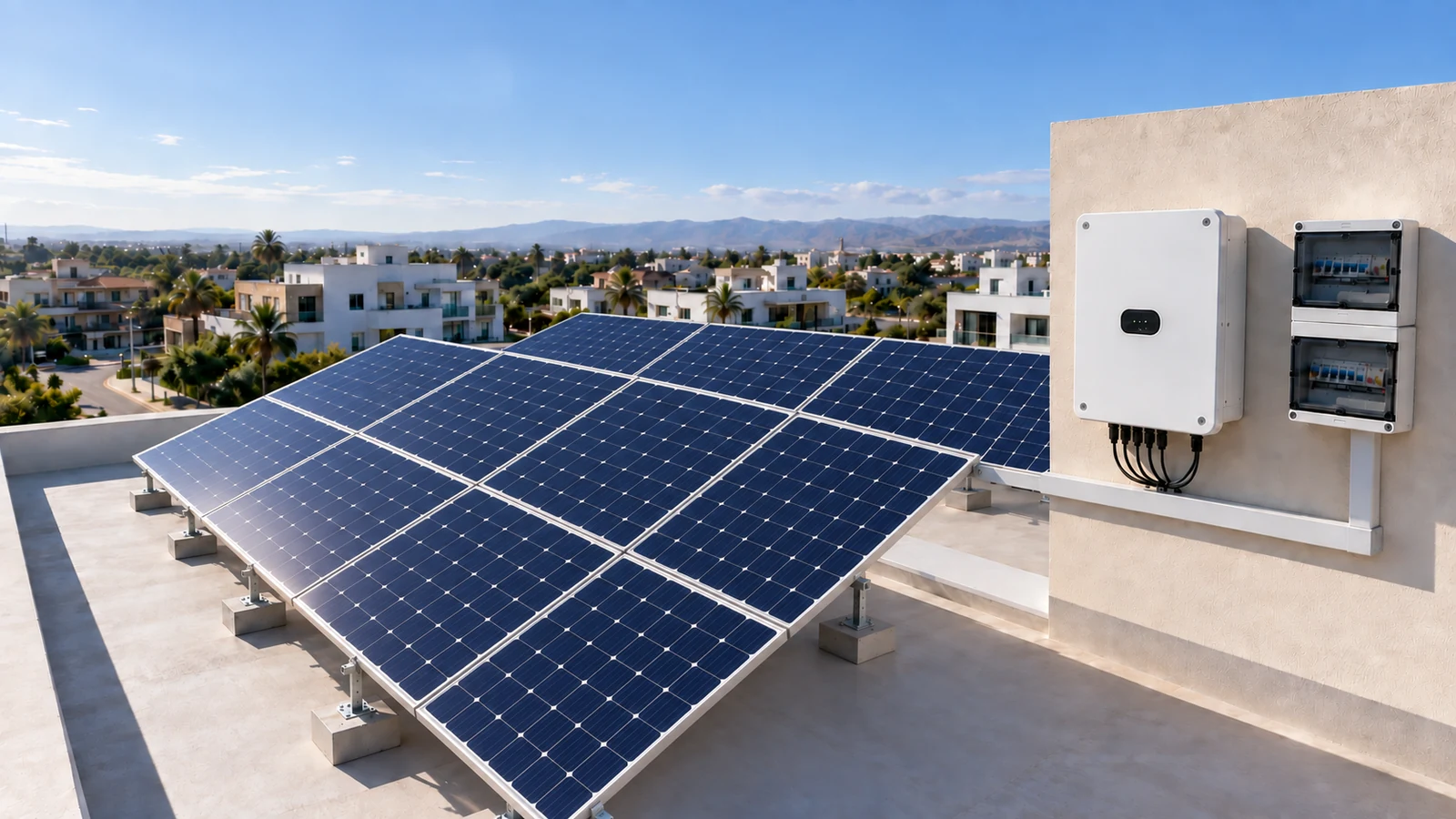 Rooftop solar array, inverter and protection enclosures in Morocco.