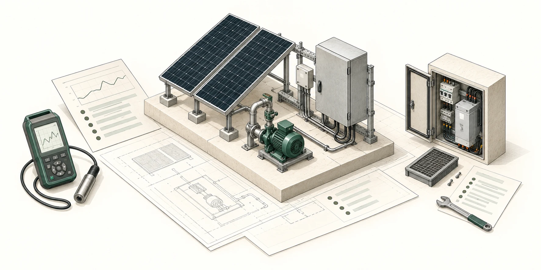 Illustration connecting measured operating needs, technical equipment choices and long-term maintenance access.