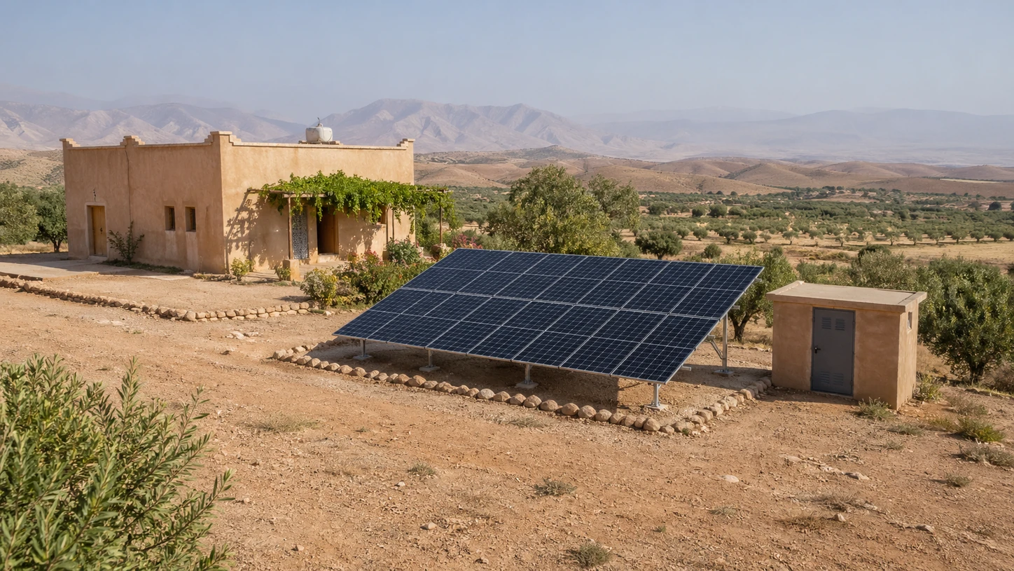 Moroccan agricultural site with solar pumping and field context.