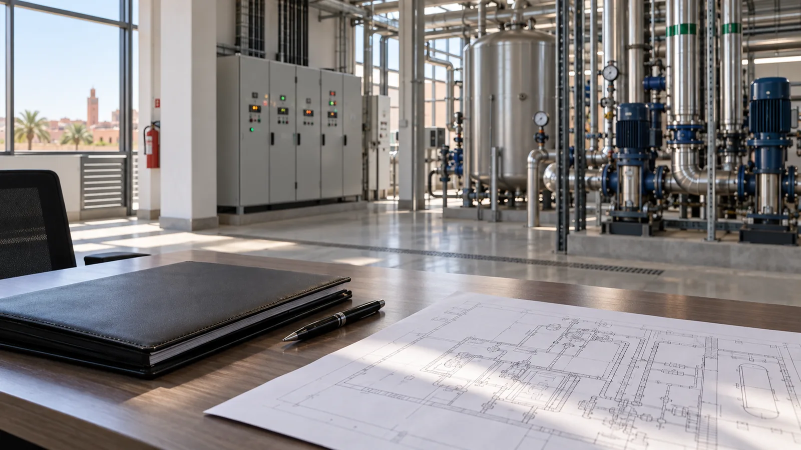 Technical plans on a desk overlooking electrical cabinets and water pumps.