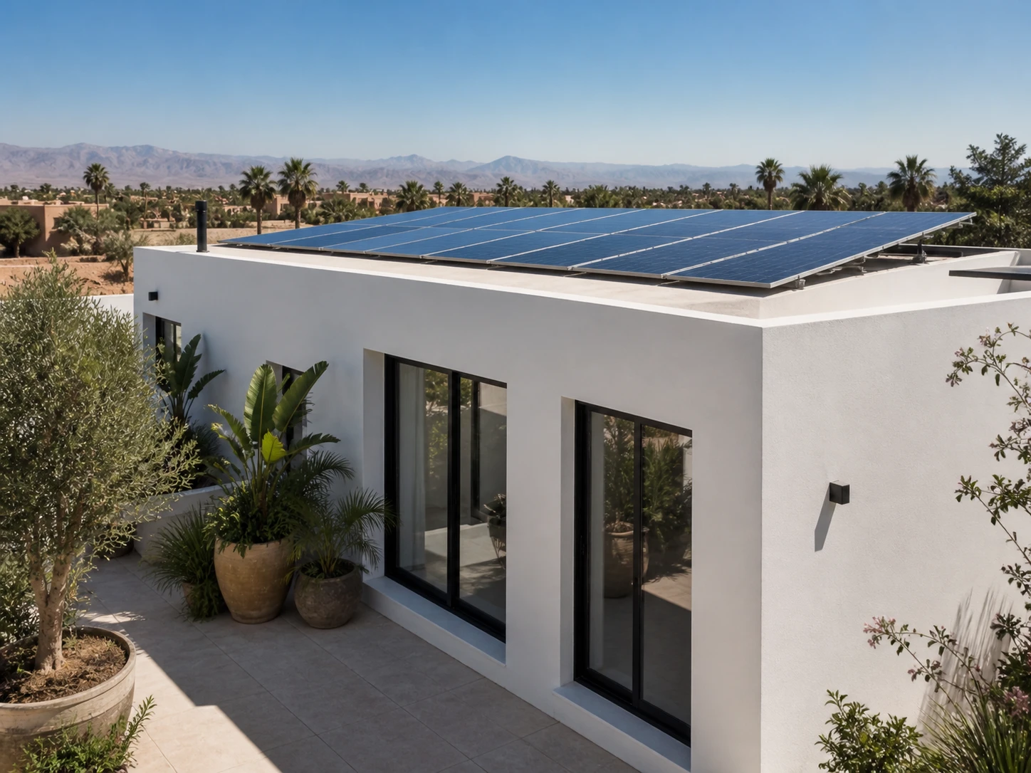 Modern Moroccan villa with rooftop solar context in warm daylight.