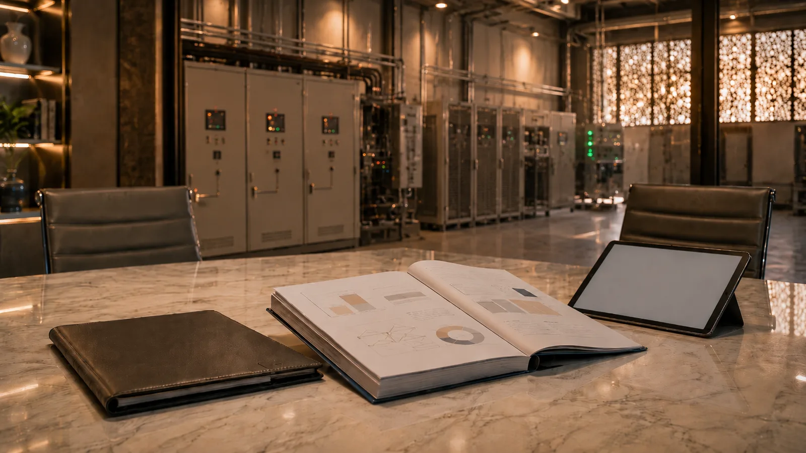An open audit report on a marble table — charts, photos and measurements — staged in a Moroccan technical boardroom with switchgear visible behind.