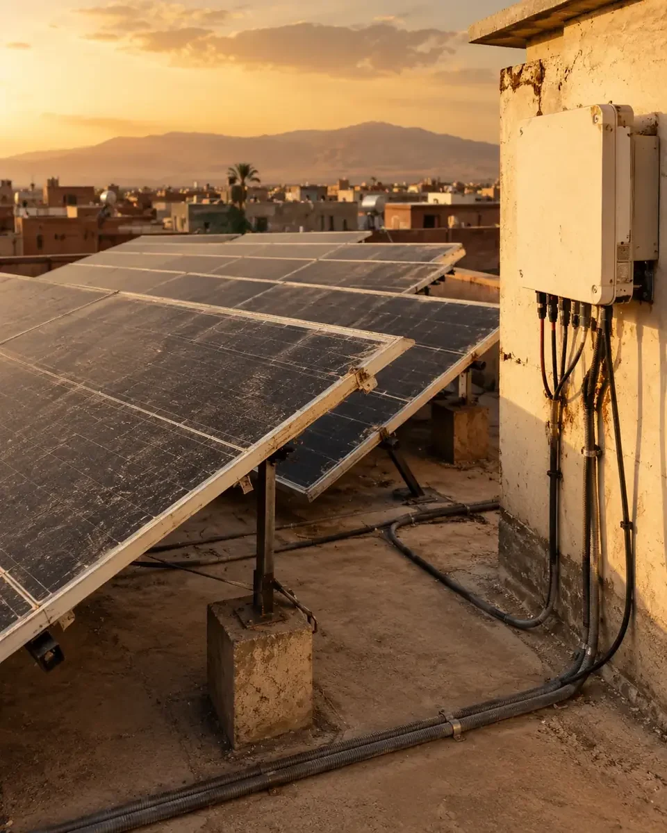 Poorly installed rooftop solar array with exposed cabling and an inverter mounted in direct sun, illustrating installation risk.