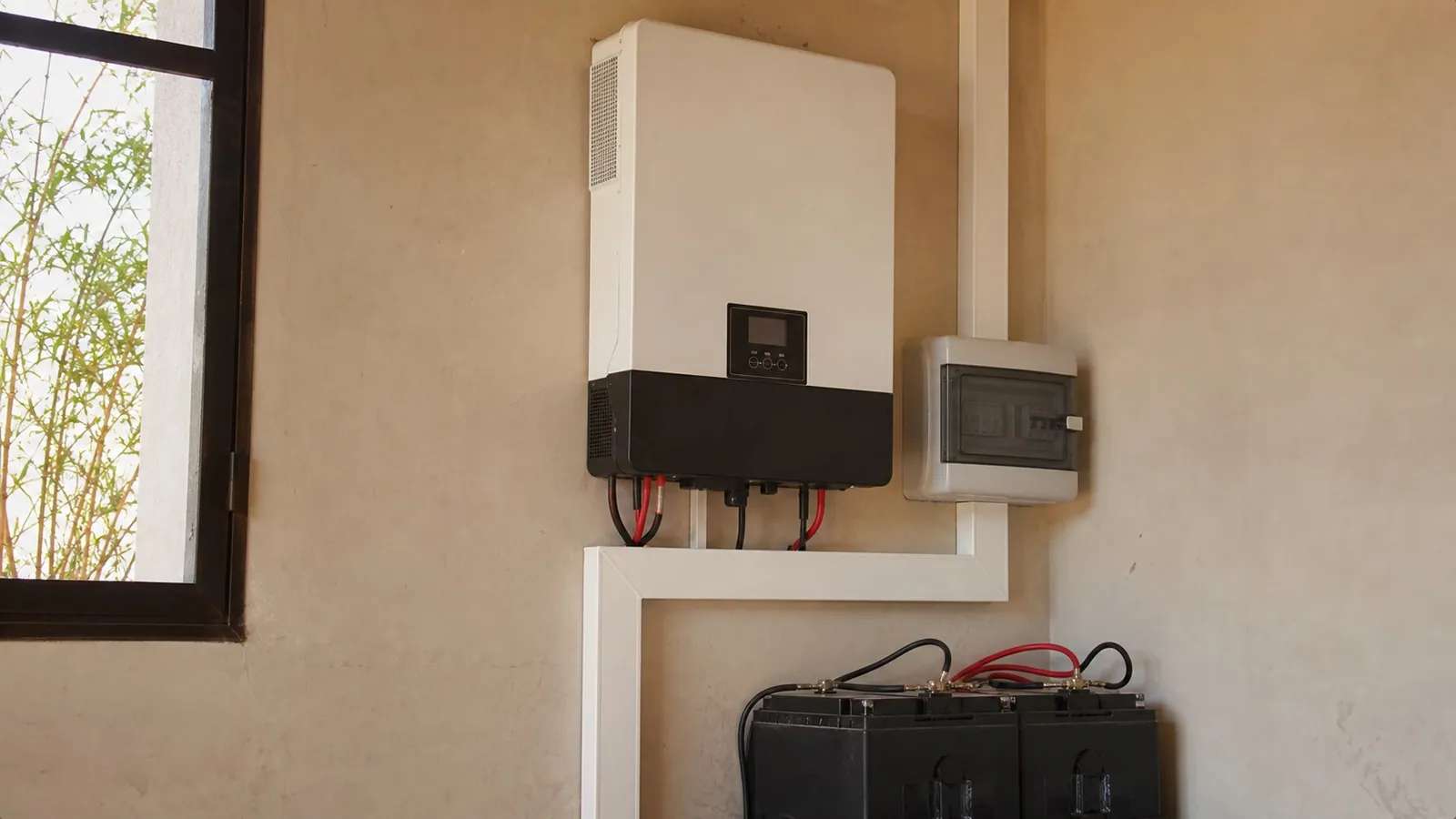 إنفرتر/شاحن حائطي مع مجموعة بطاريات، صندوق حماية AC وقنوات PVC بيضاء فركن تقني مغربي