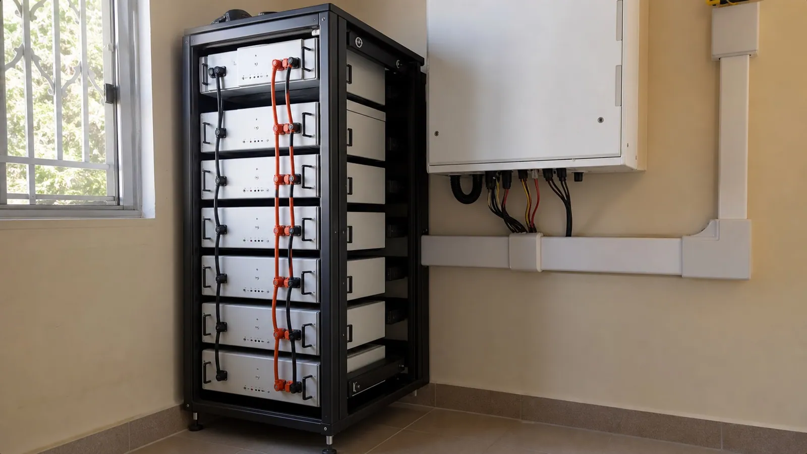 وحدات بطاريات LiFePO4 مركّبة فوق بعضها فخزانة مع قنوات PVC بيضاء ومعدات حماية شمسية فالمغرب