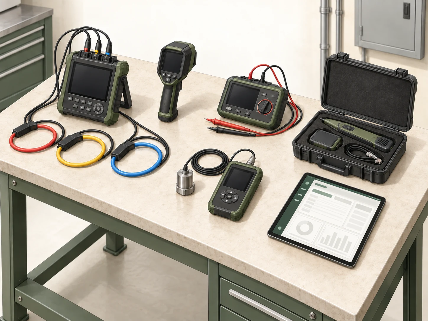 Maintenance instrument workbench with electrical diagnostic tools and a tablet showing an empty maintenance-software interface