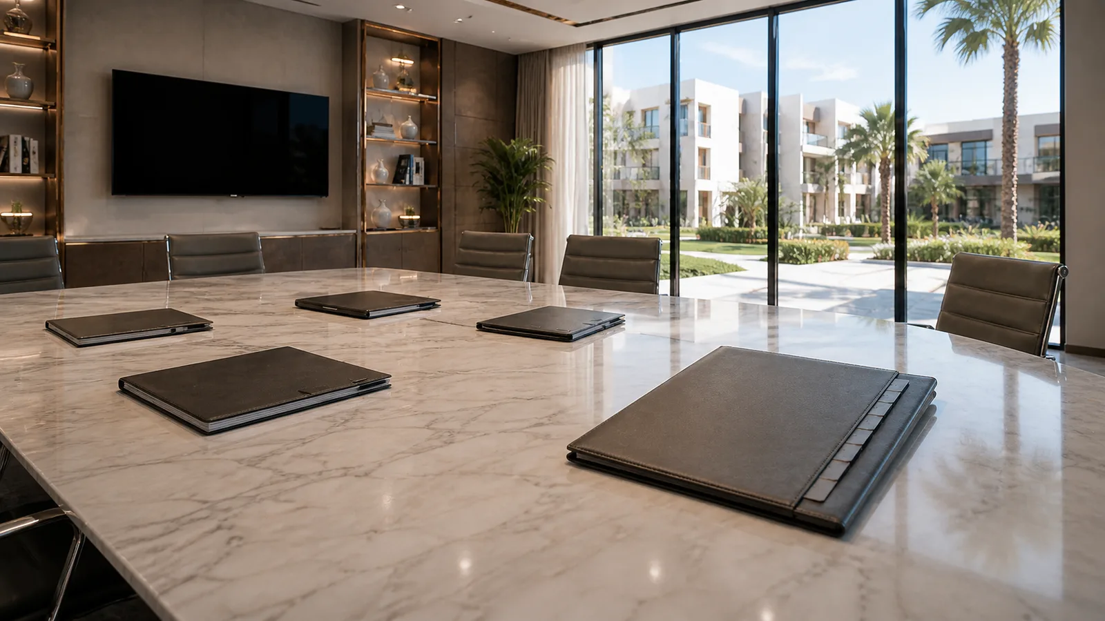 Premium meeting room prepared for a maintenance contract review