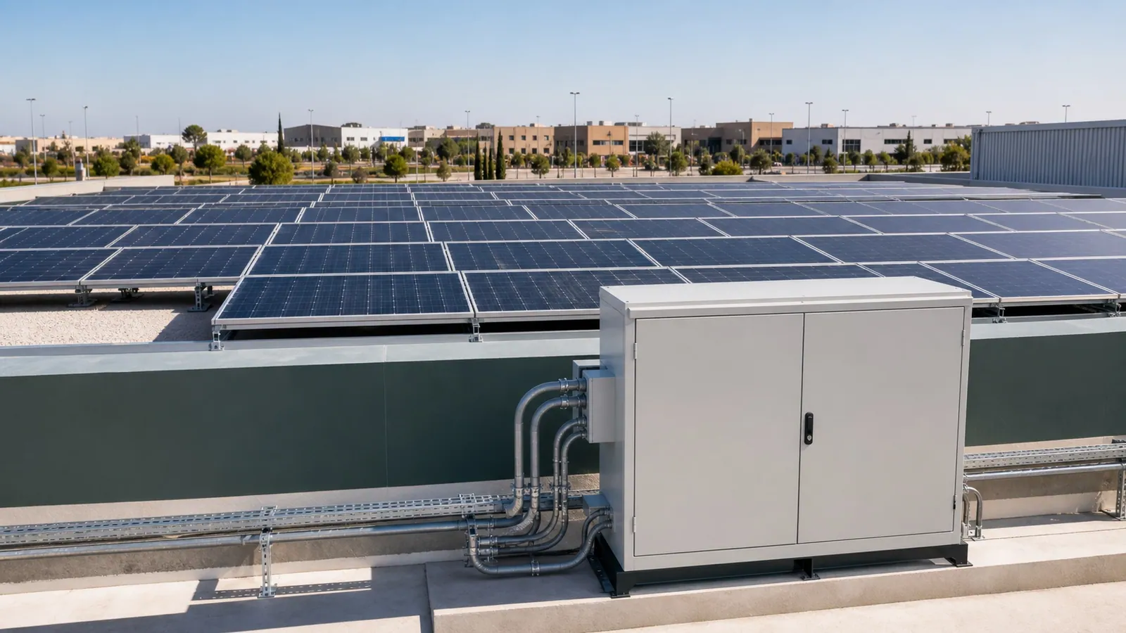 Large rooftop photovoltaic installation beside a closed electrical cabinet in a Moroccan industrial zone.