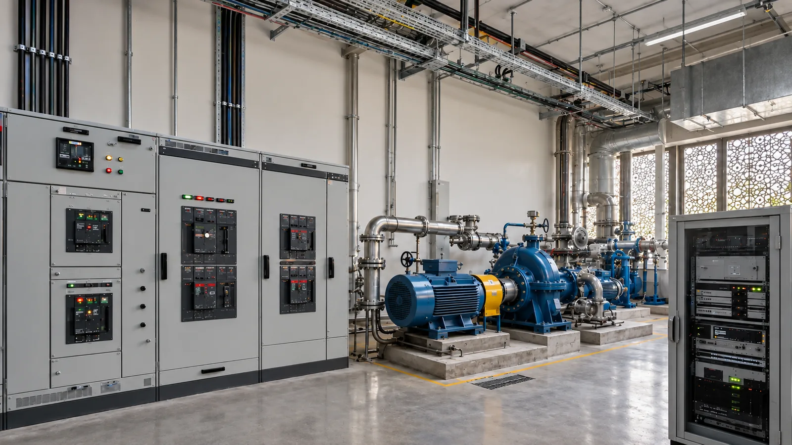 Electrical switchgear, pump motors and a monitoring cabinet inside a technical room.