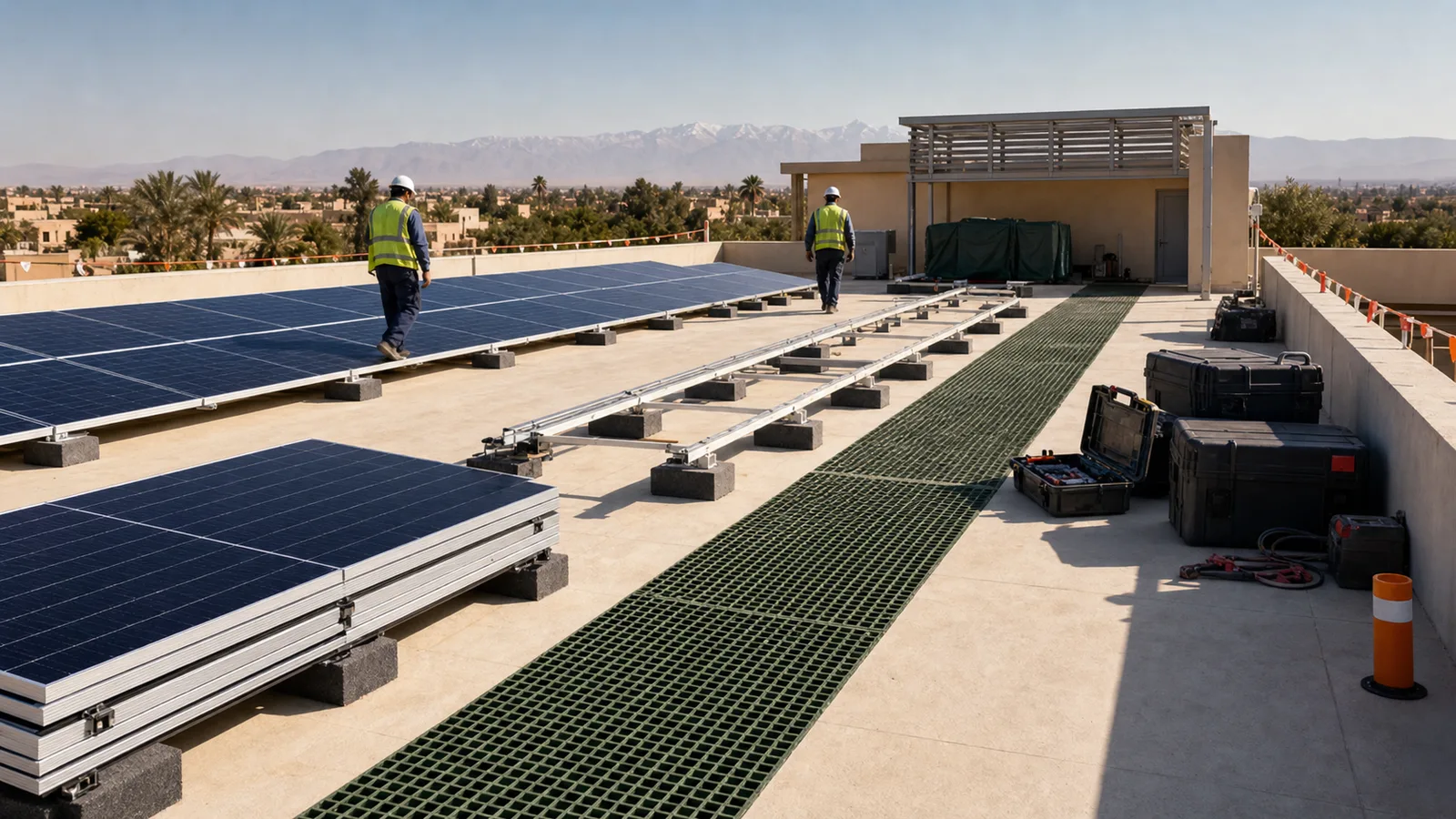 Completed Moroccan rooftop solar installation with neat PV mounting, access walkway, protected conduit routes, and inverter equipment area