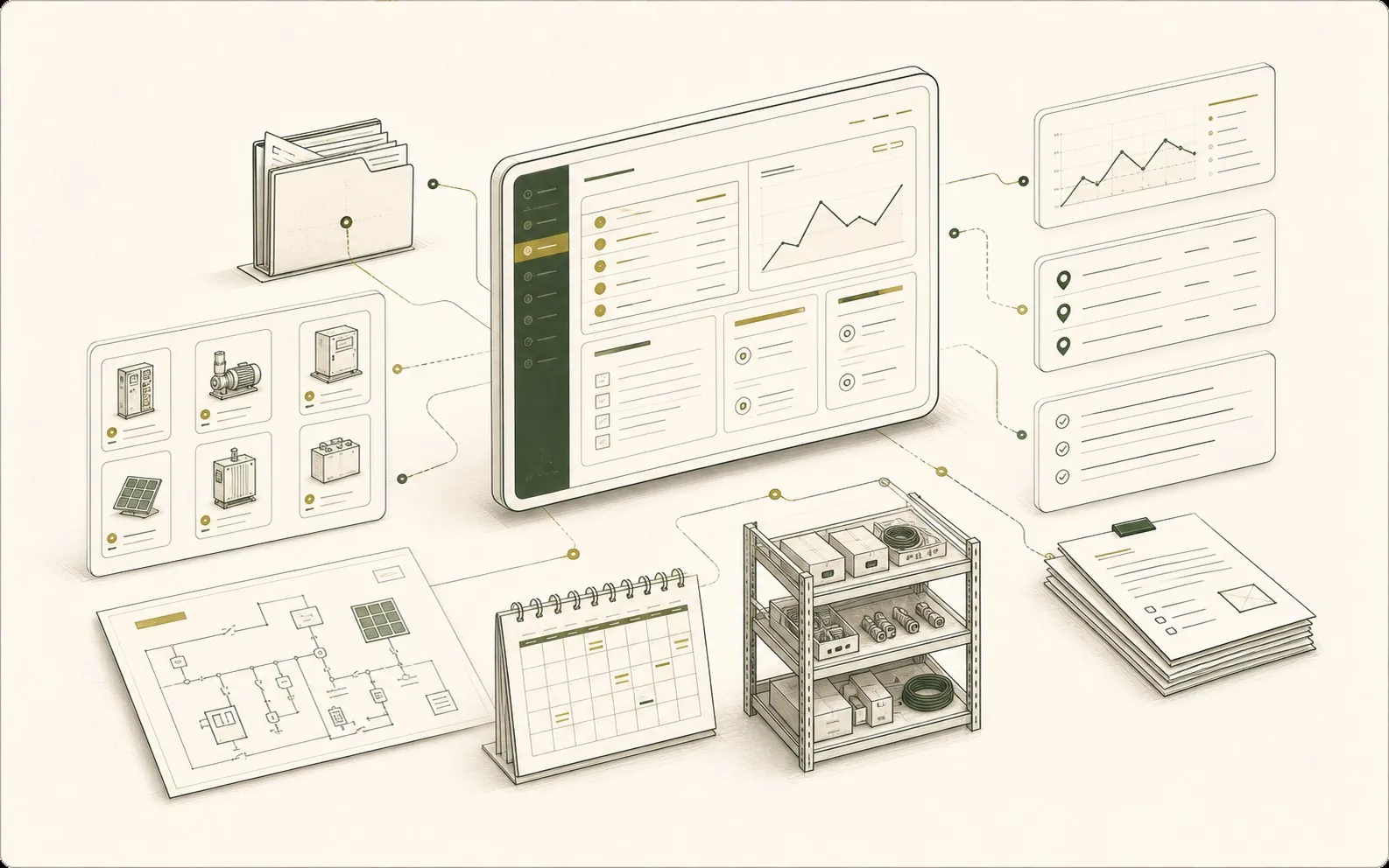 Conceptual ReneWcare Max CMMS console showing site file, diagrams, inventory, reports and open actions without readable data.