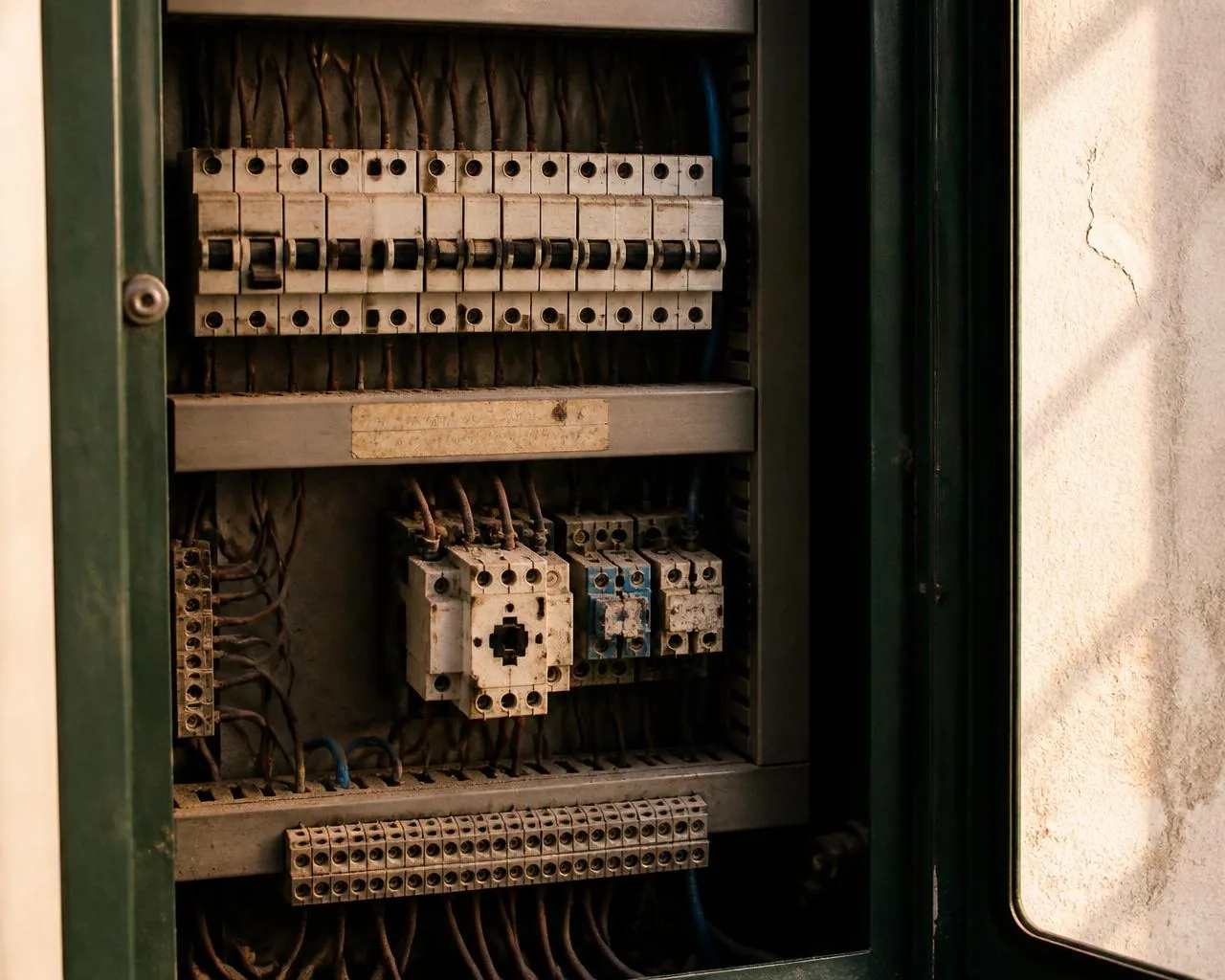 Aged electrical switchboard with visible dust, wear and drift — the operating condition maintenance prevents.