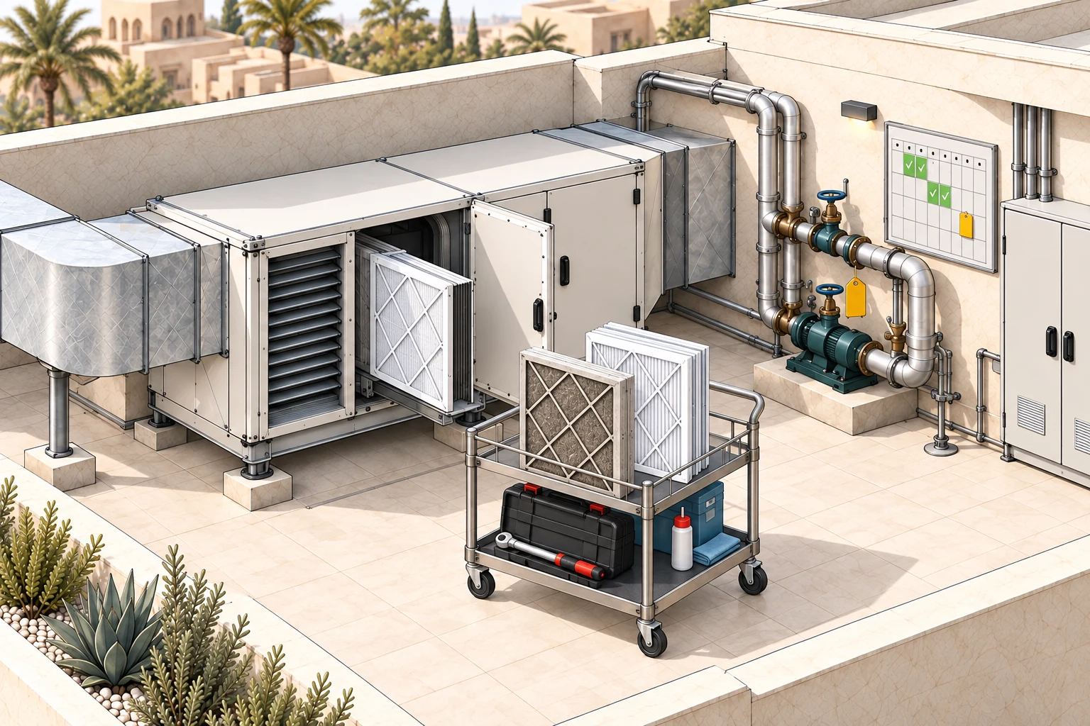 Isometric rooftop mechanical plant during filter replacement, with an open air handler, service cart and completed visit schedule.
