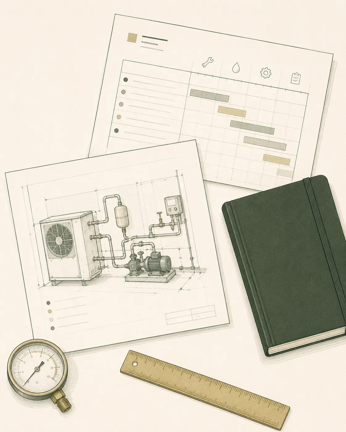 Engineering desk with measured site plan, calculator and ReneWave tools.