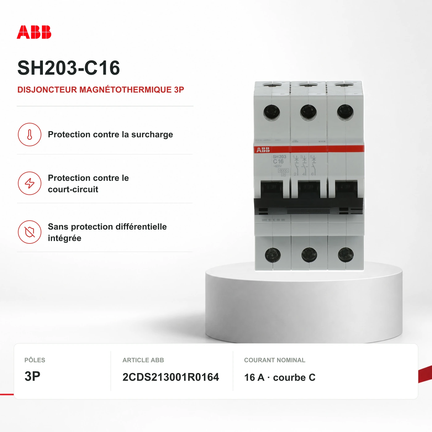SH203-C16 : illustration de gamme ABB authentique ; les marquages peuvent indiquer un autre calibre. Se référer à la référence exacte et au tableau technique, pas à l’étiquette de la photo.