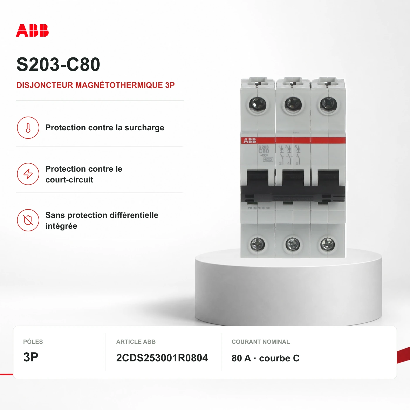 S203-C80 : illustration de gamme ABB authentique ; les marquages peuvent indiquer un autre calibre. Se référer à la référence exacte et au tableau technique, pas à l’étiquette de la photo.