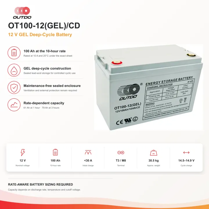 OUTDO OT100 12 V 100 Ah GEL Deep-Cycle Battery