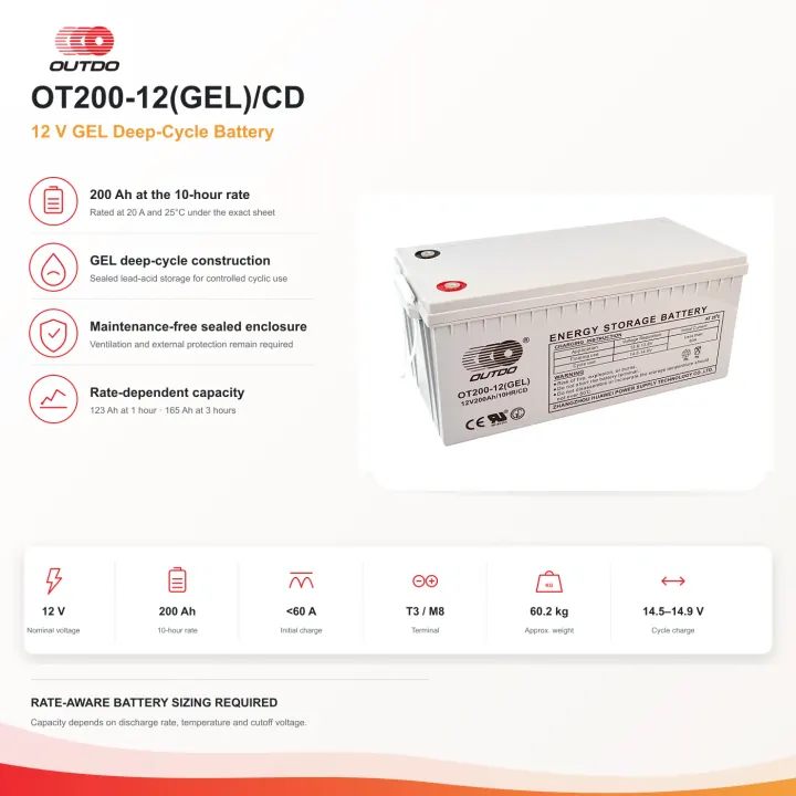 OUTDO OT200 12 V 200 Ah GEL Deep-Cycle Battery