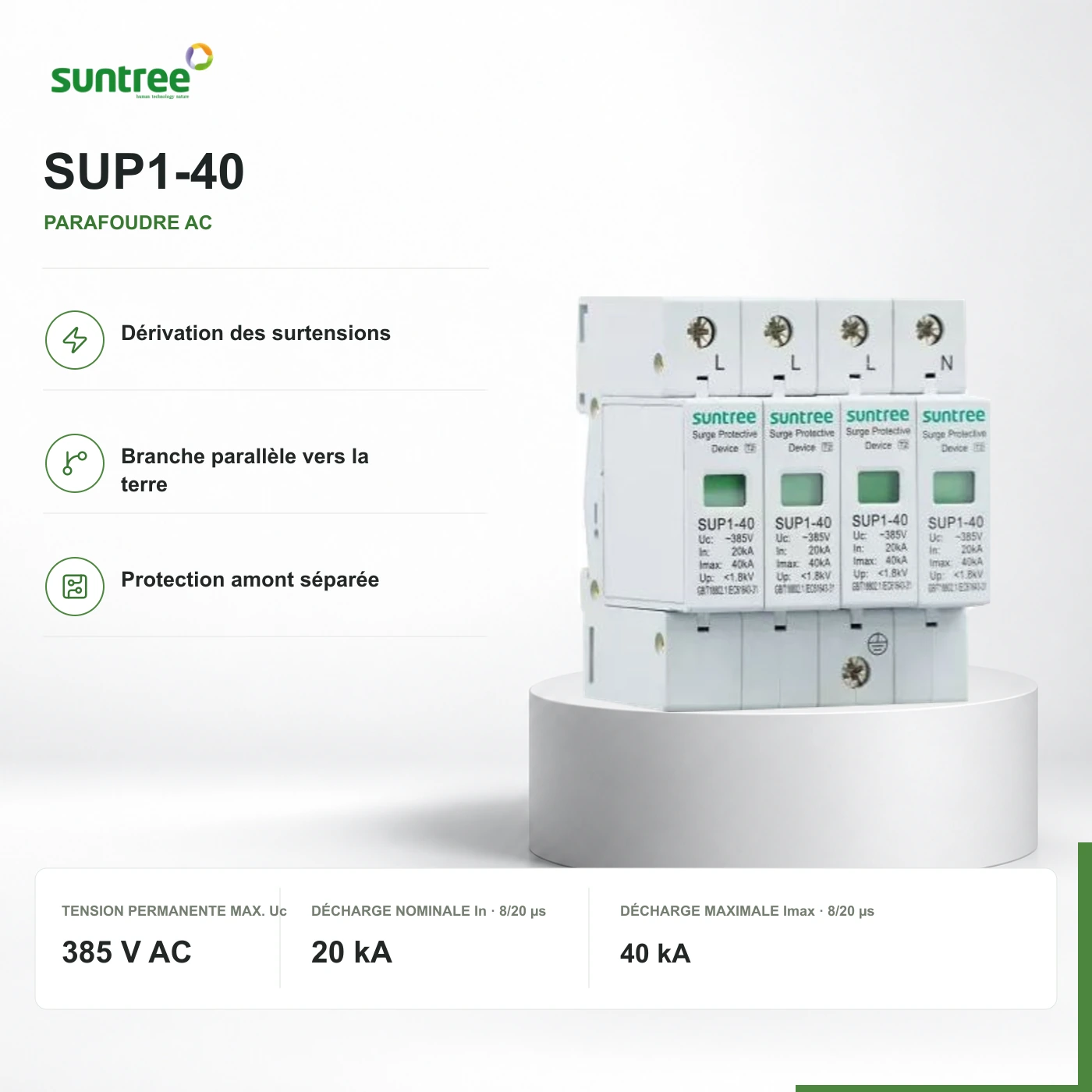 Vue fabricant du SUP1-40 à quatre modules avec les marquages Uc 385 V, In 20 kA, Imax 40 kA et Up conservés. Appareil AC, pas le SUP2-PV photovoltaïque orange.