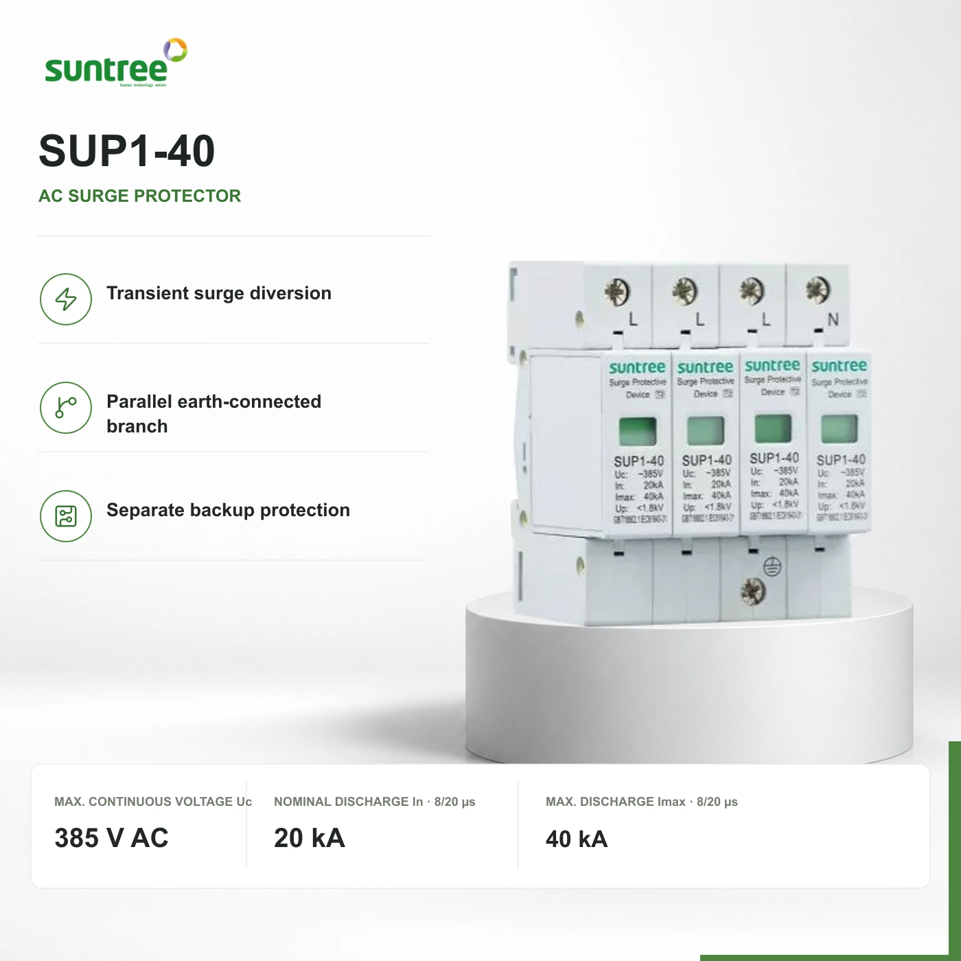 Manufacturer SUP1-40 four-module hardware view with original Uc 385 V, In 20 kA, Imax 40 kA and Up markings preserved. This is an AC device, not the orange photovoltaic SUP2-PV.