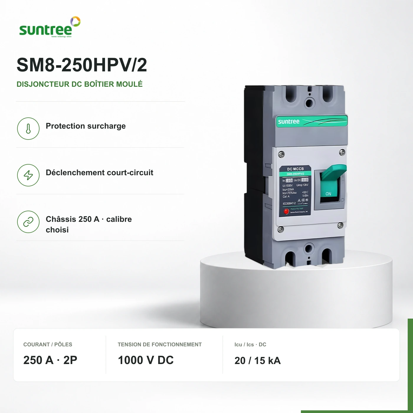 SM8-250HPV/2 : vue authentifiée de la série, marquages d’origine conservés ; ce n’est pas une photo de la configuration 250 A · 1000 V DC choisie. Valeurs issues du document fabricant ; configuration livrée identifiée au devis.
