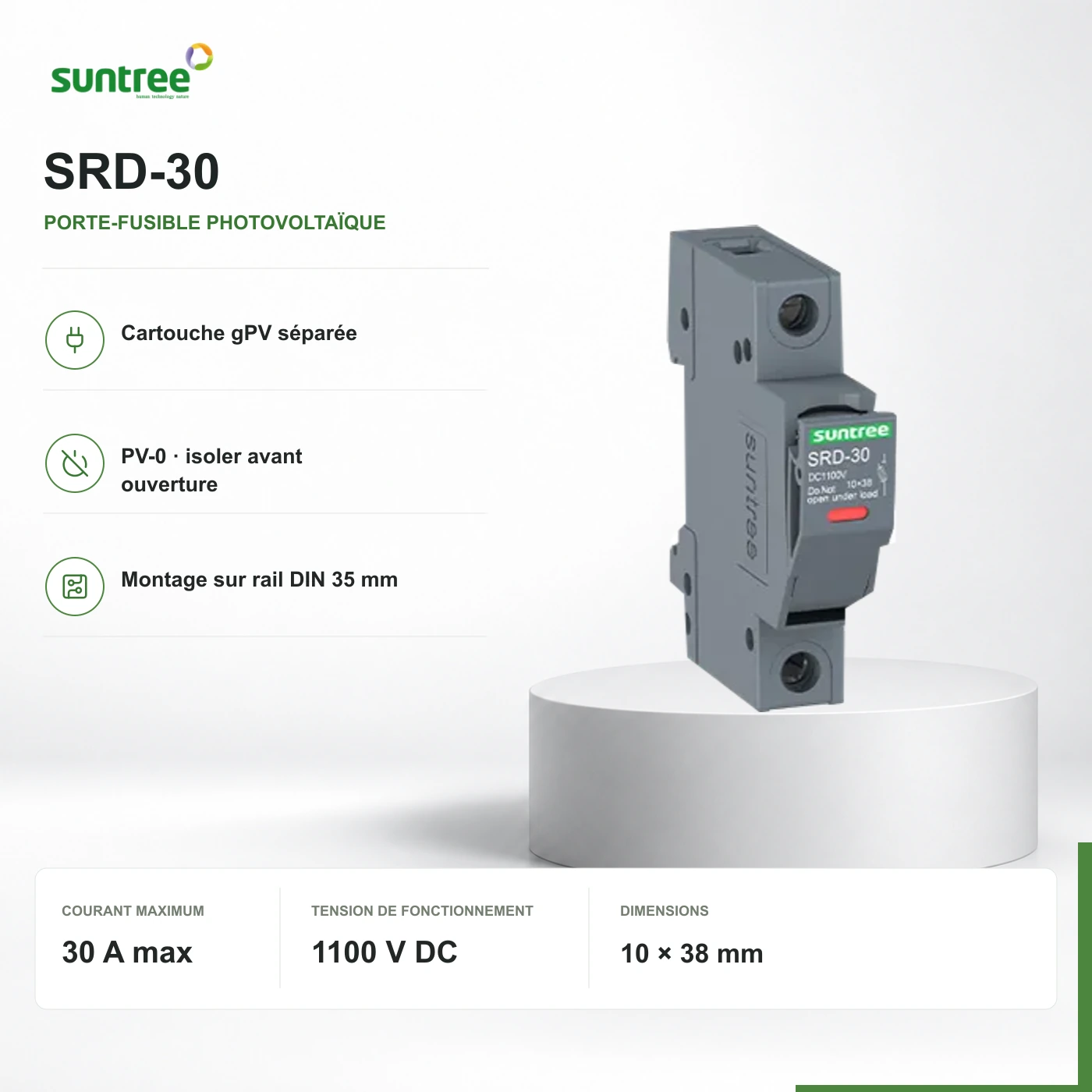 SRD-30 : vue authentifiée de la série, marquages d’origine conservés ; ce n’est pas une photo de la configuration 30 A · 1100 V DC choisie. Valeurs issues du document fabricant ; configuration livrée identifiée au devis.