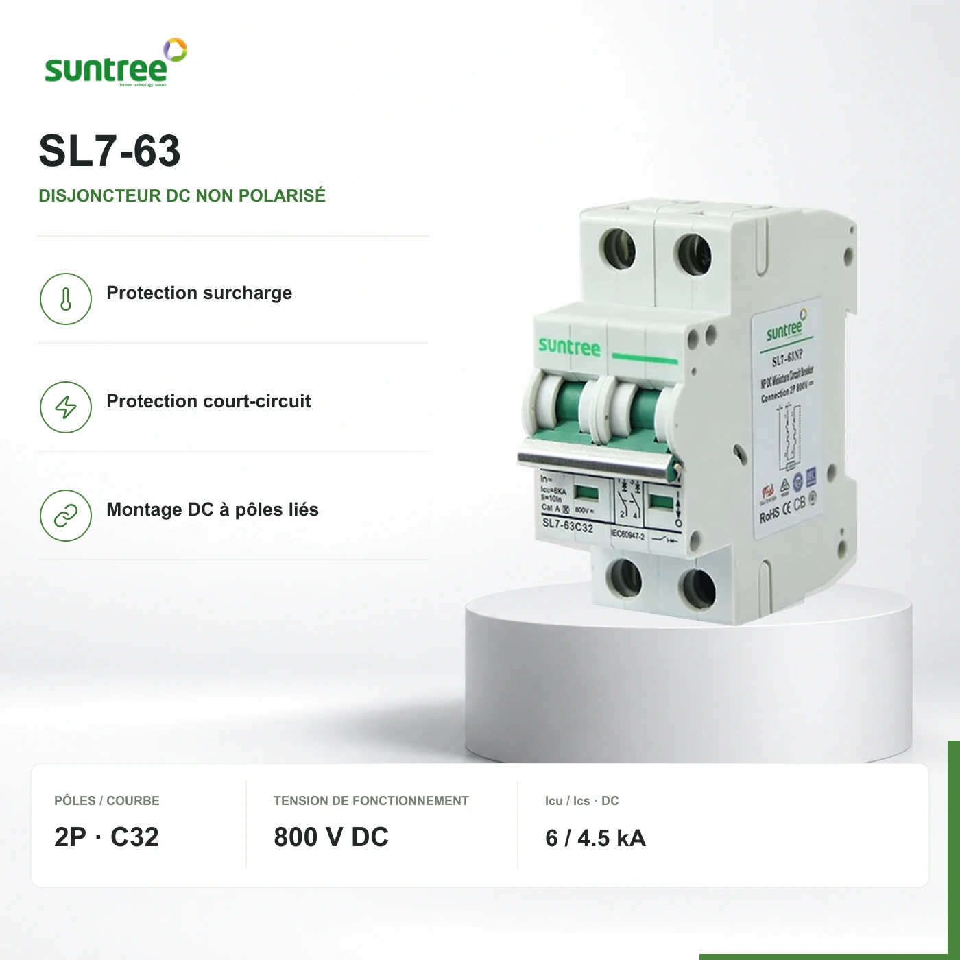 SL7-63 : vue du matériel proposé, marquages d’origine conservés. Configuration sélectionnée : 32 A · 800 V DC.