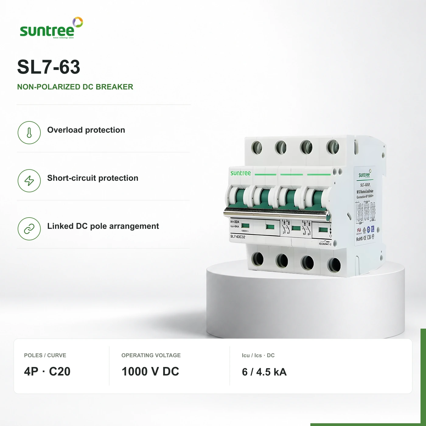 SL7-63: authenticated series view with original rating markings preserved, not a photograph of the selected 20 A · 1000 V DC configuration. Selected ratings come from the manufacturer document; the delivered configuration is identified in the quote.