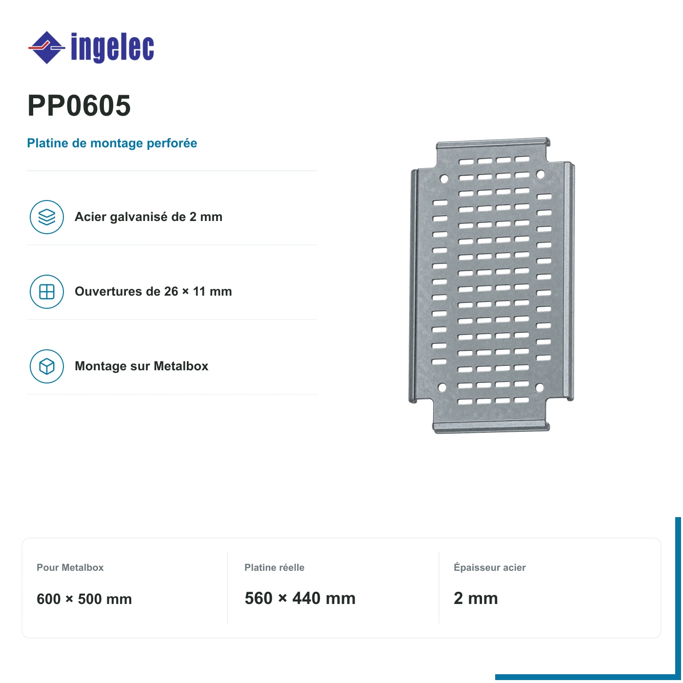 Platine perforée Ingelec pour Metalbox 600 × 500 mm