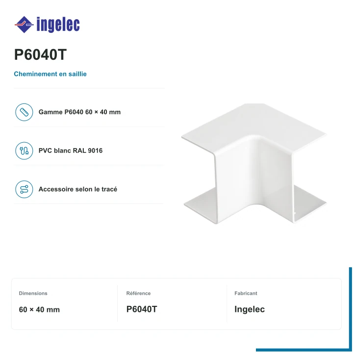 Ingelec dérivation en t pour plinthe 60 × 40 mm