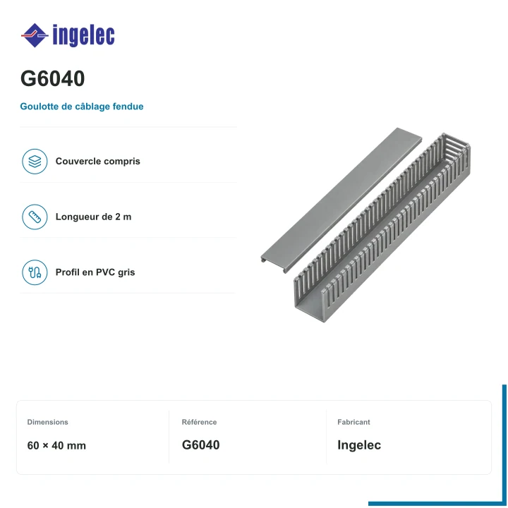 Goulotte de câblage fendue Ingelec avec couvercle · 60 × 40 mm