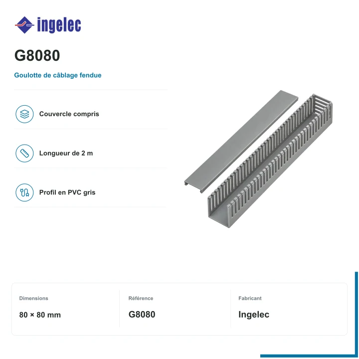 Goulotte de câblage fendue Ingelec avec couvercle · 80 × 80 mm