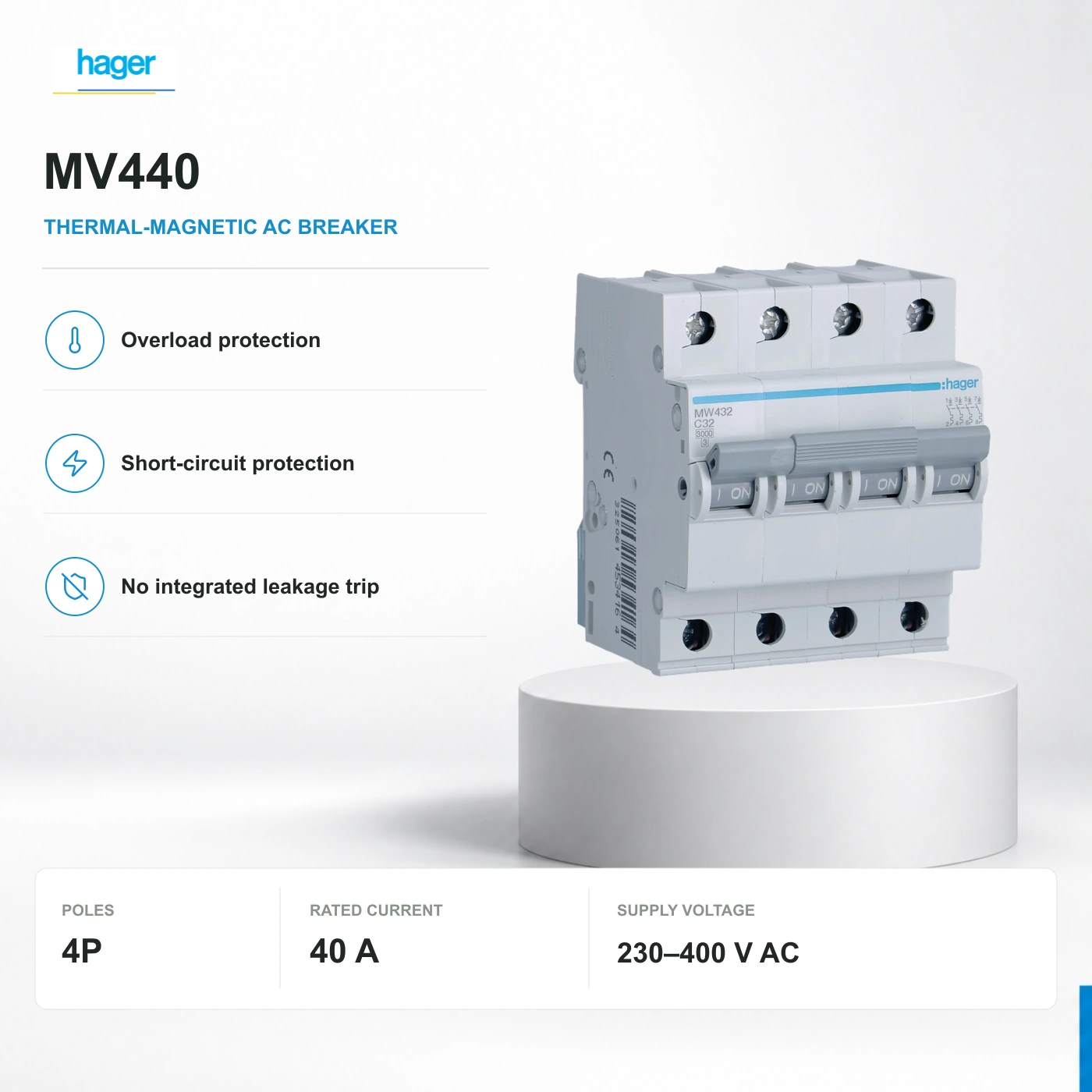 MV440: official Hager MV/MW family illustration. Visible markings identify MW432, C32, not this B-curve model. Use this page's exact reference and technical table.