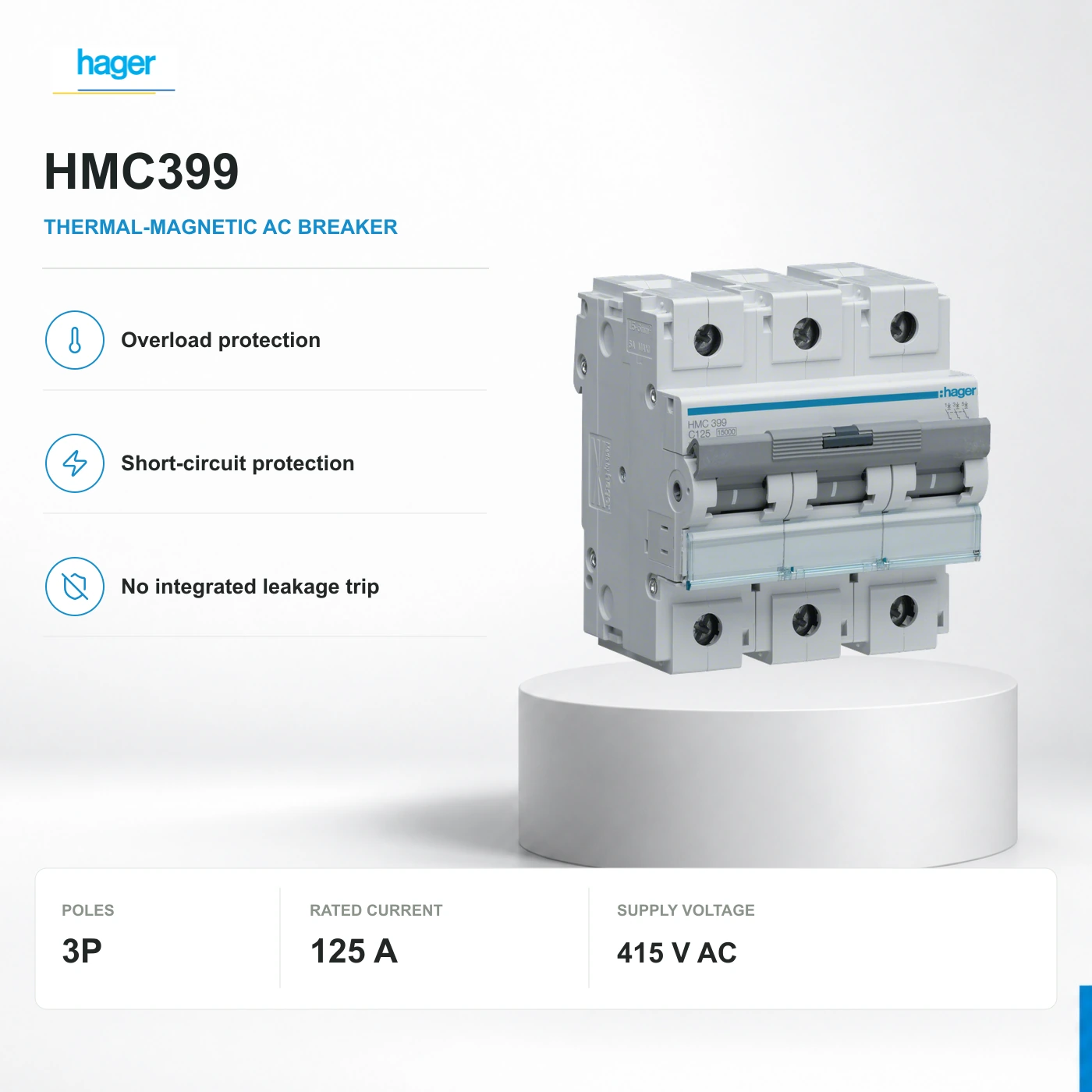 HMC399: official Hager hardware view, with original manufacturer markings unchanged.
