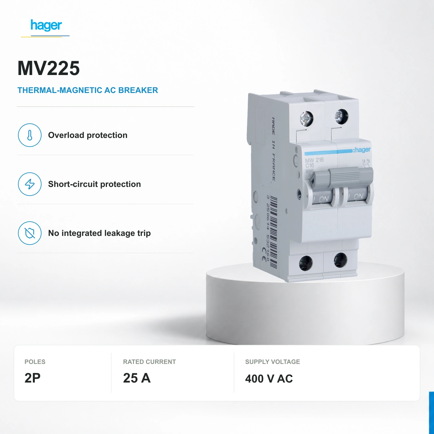 MV225: official Hager MV/MW family illustration. Visible markings identify MW216, C16, not this B-curve model. Use this page's exact reference and technical table.
