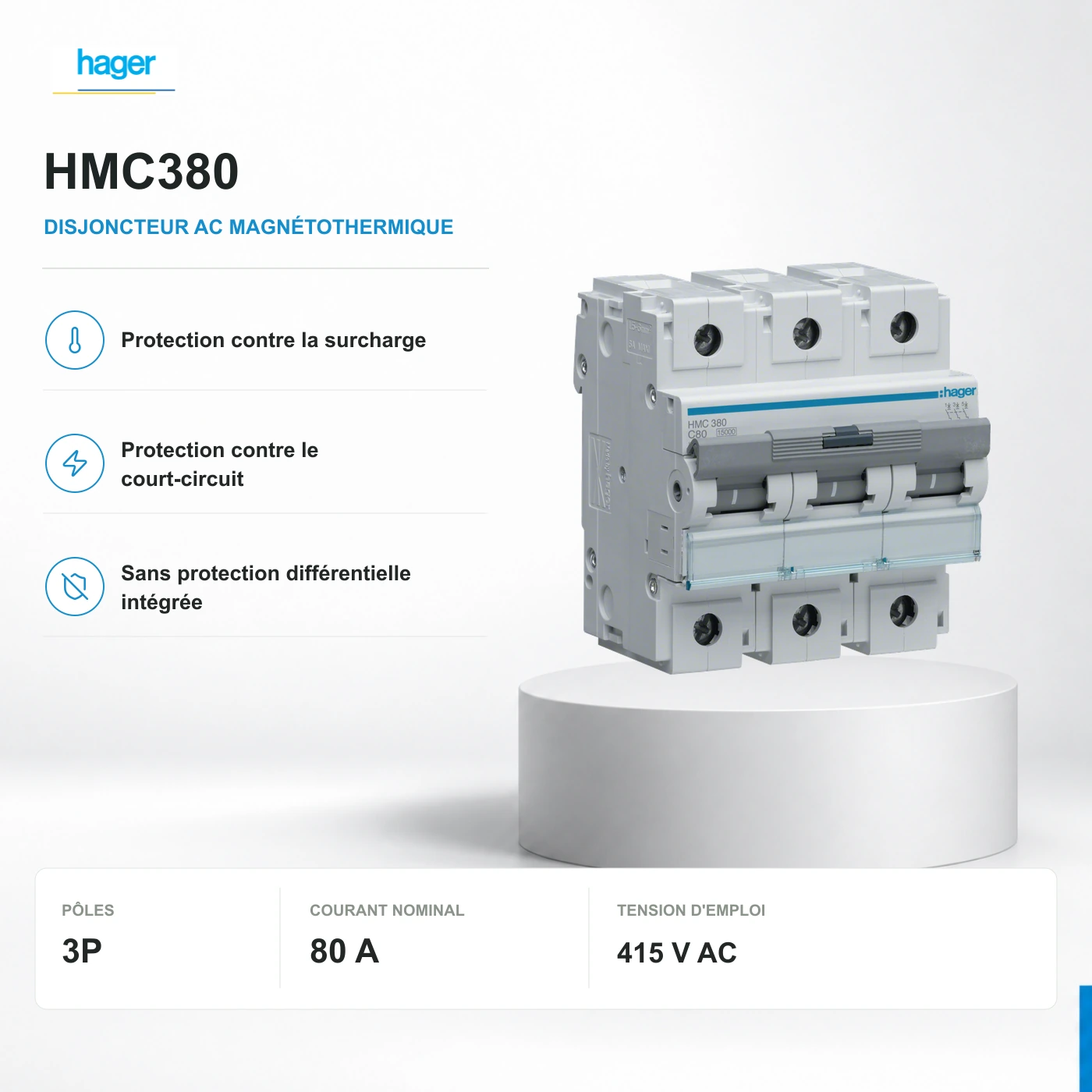 HMC380 : vue matérielle officielle Hager, marquages du fabricant conservés sans modification.