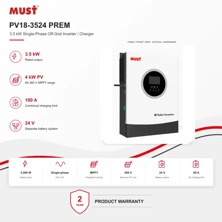 MUST PV18-3524 PREM 3.5 kW 24 V Off-Grid Inverter/Charger