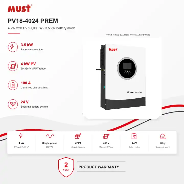 MUST PV18-4024 PREM 4 kW 24 V Off-Grid Inverter/Charger
