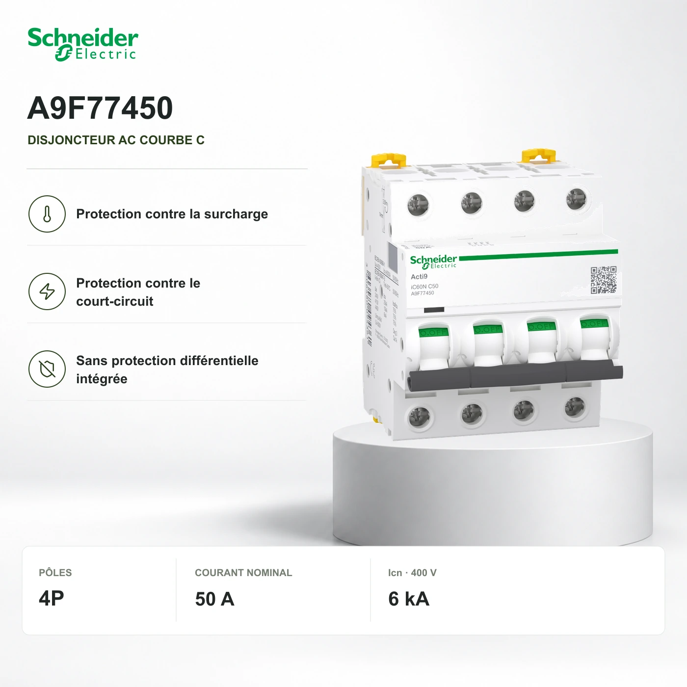 Schneider A9F77450 · disjoncteur 4P courbe C