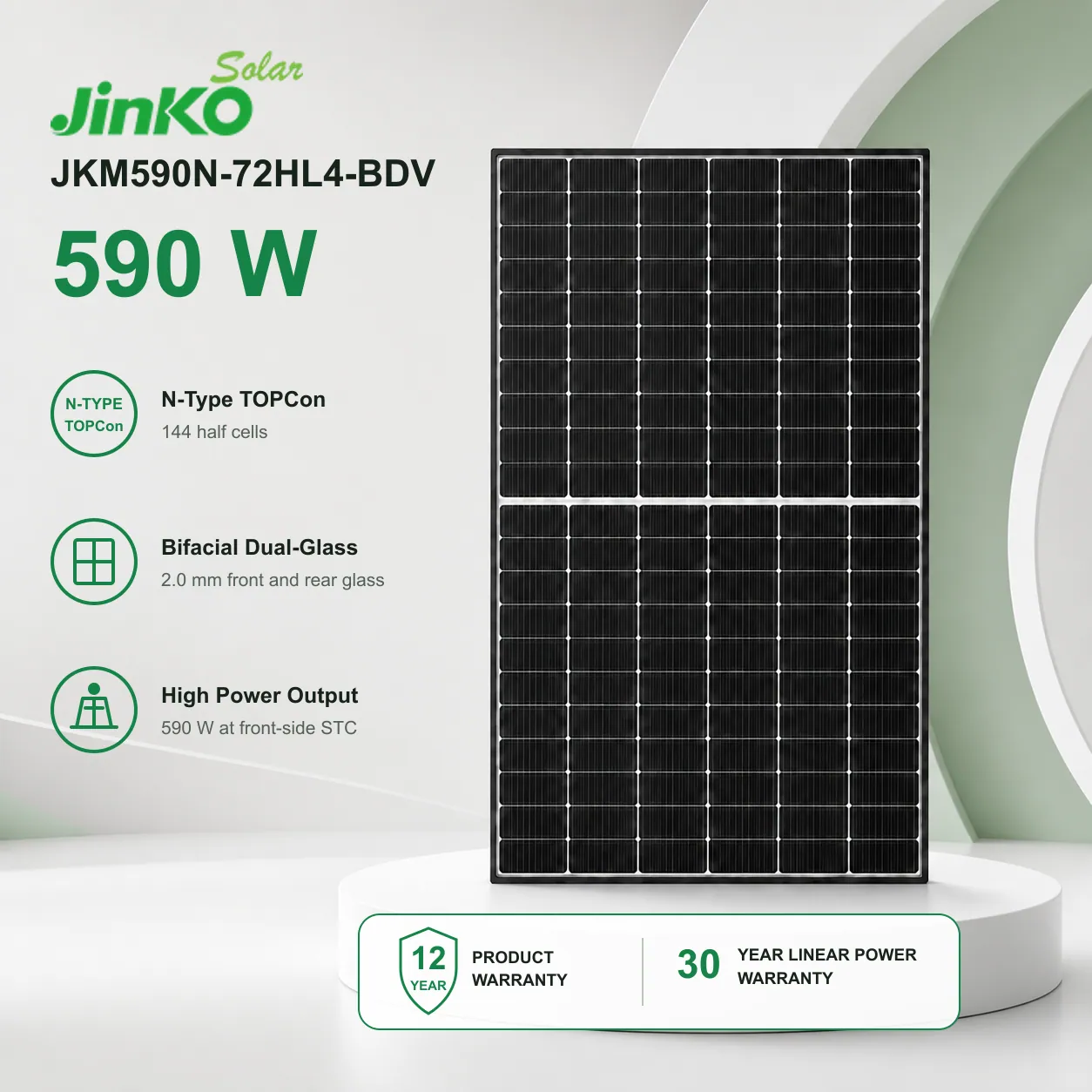 Front presentation of the JinkoSolar JKM590N-72HL4-BDV bifacial module