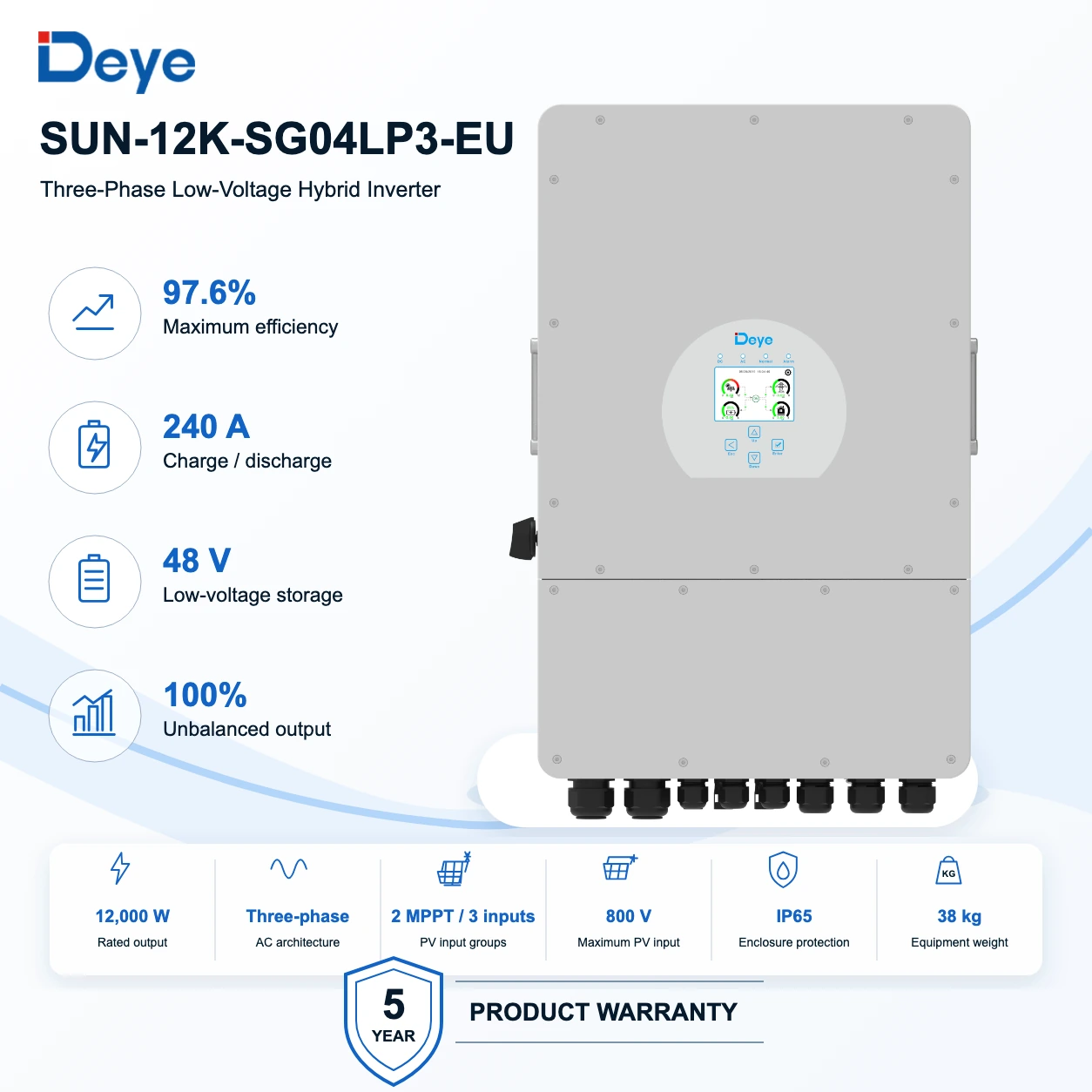 Front presentation of the Deye SUN-12K-SG04LP3-EU three-phase hybrid inverter