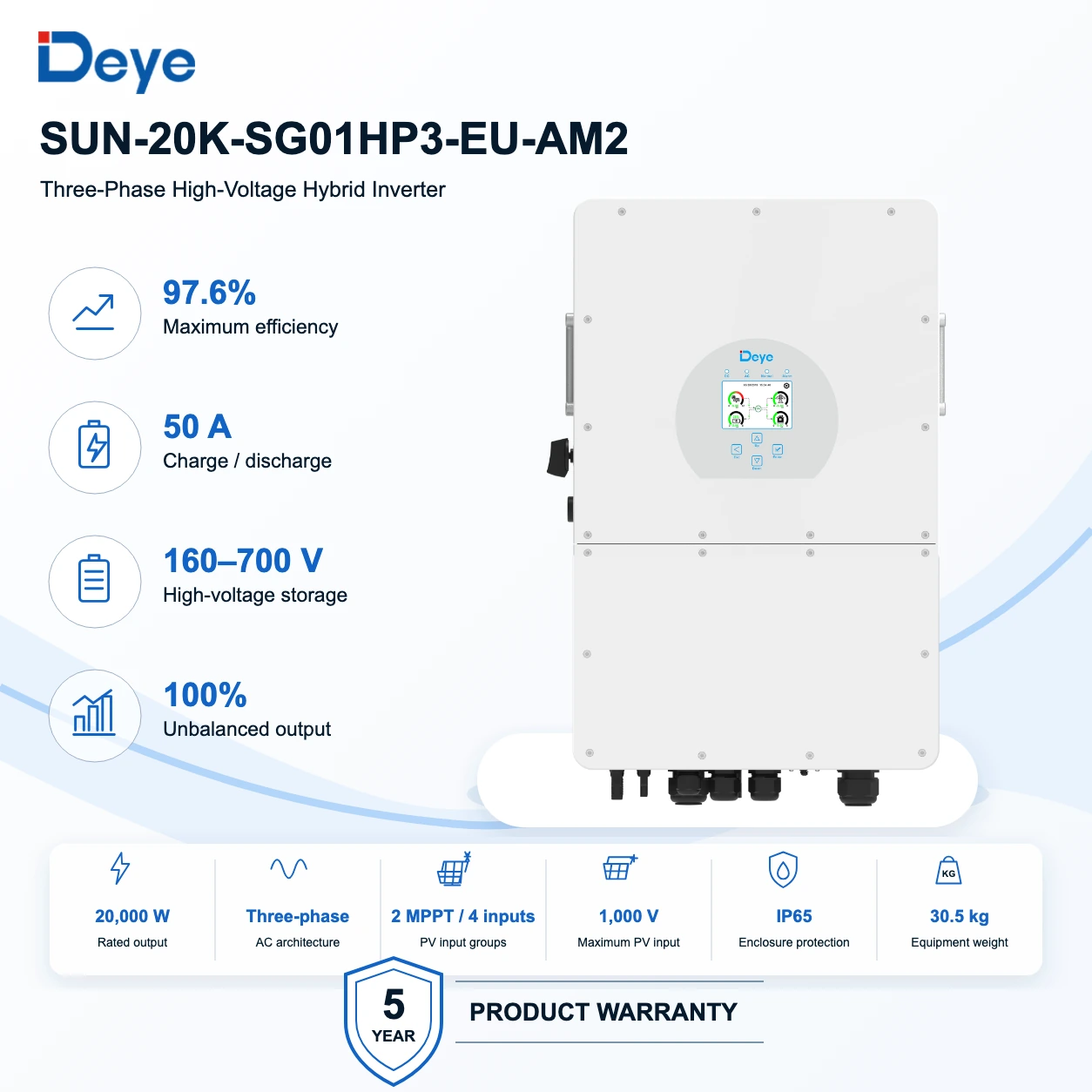Front presentation of the Deye SUN-20K-SG01HP3-EU-AM2 three-phase high-voltage hybrid inverter