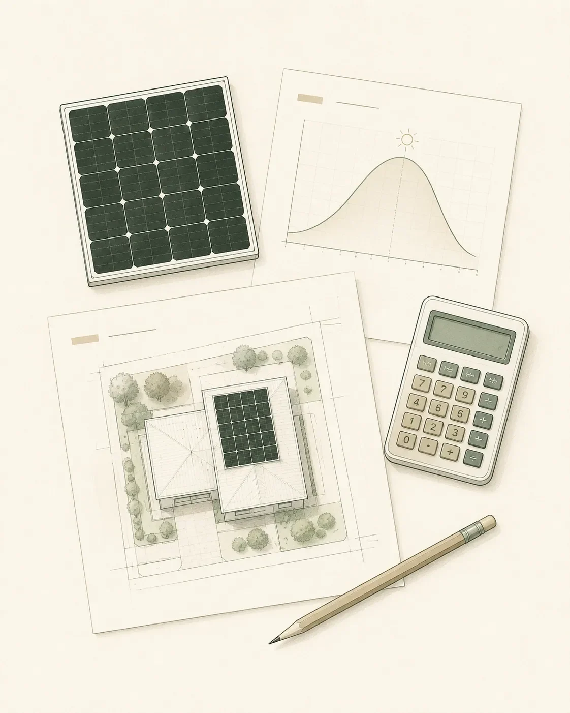 Engineering desk with measured site plan, calculator and solar sizing tools.