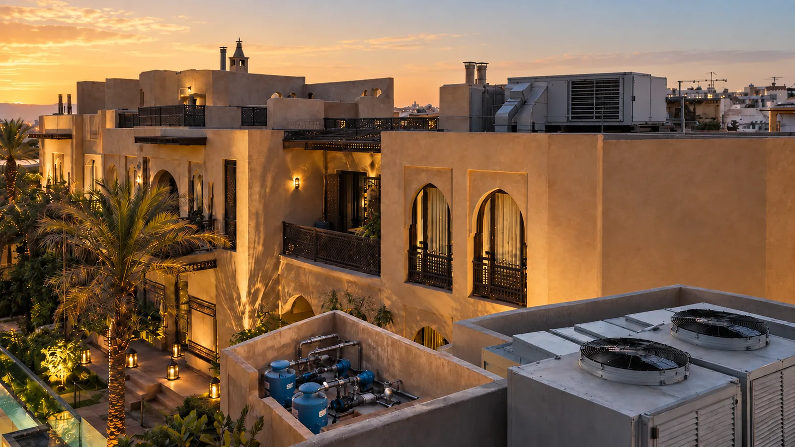 Riad rooftop at dusk with HVAC units and pump equipment.